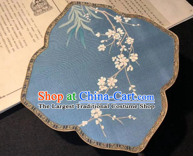 China Traditional Blue Silk Palace Fan Hand Painting Plum Blossom Fan