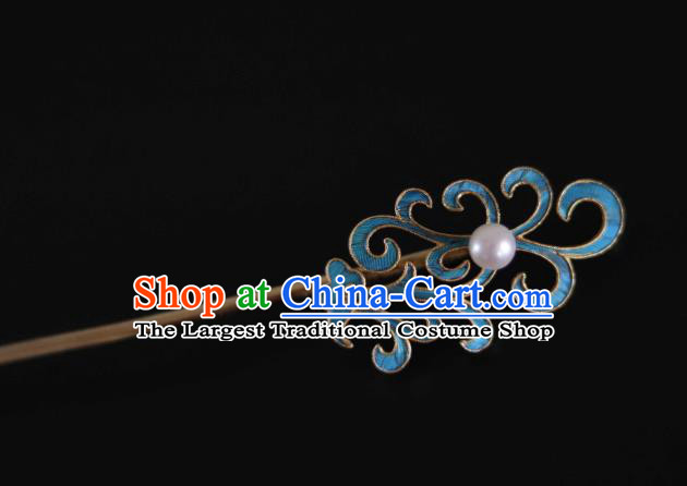 Handmade China Traditional Qing Dynasty Pearl Hair Accessories Blueing Hair Stick Ancient Court Lady Hairpin
