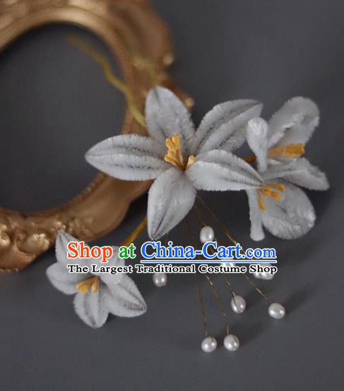 Handmade China Ancient Court Lady Grey Velvet Flowers Hairpin Traditional Qing Dynasty Hair Accessories Palace Hair Stick