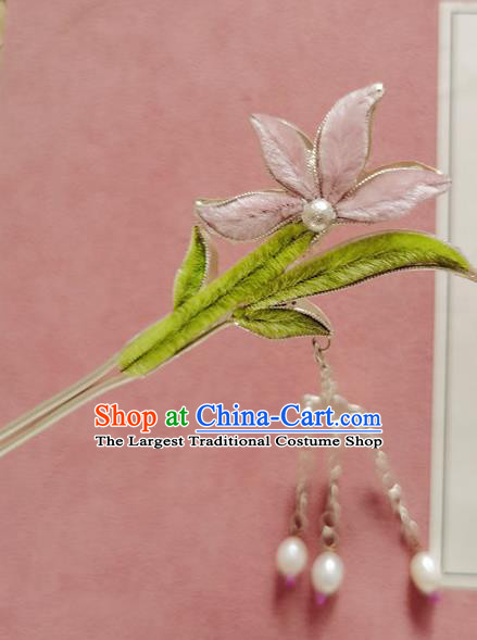 China Handmade Velvet Orchid Hair Stick Traditional Hanfu Hair Accessories Classical Cheongsam Tassel Silver Hairpin