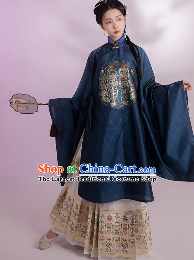 China Ming Dynasty Noble Woman Historical Clothing Ancient Patrician Female Navy Gown and Skirt Full Set