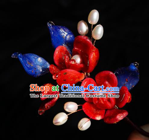 China Classical Hanfu Pearls Hairpin Traditional Red Camellia Hair Stick