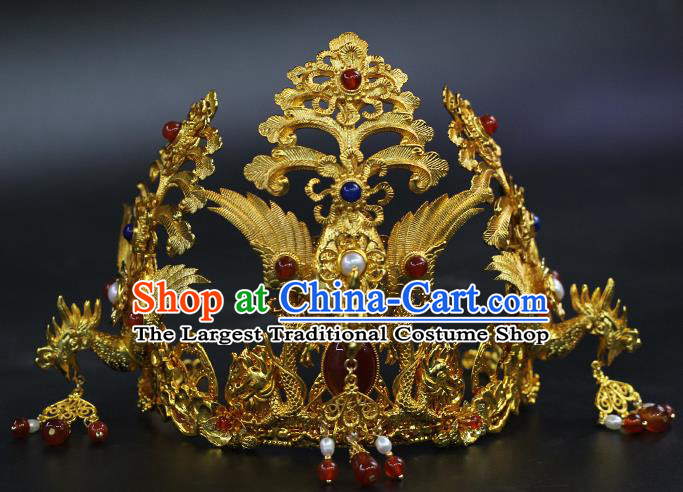 China Traditional Ming Dynasty Empress Gems Phoenix Crown Ancient Noble Woman Golden Hairpin