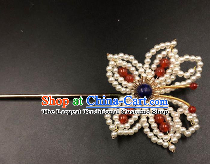 China Ming Dynasty Pearls Butterfly Hair Accessories Traditional Hanfu Hairpin Ancient Princess Hair Stick