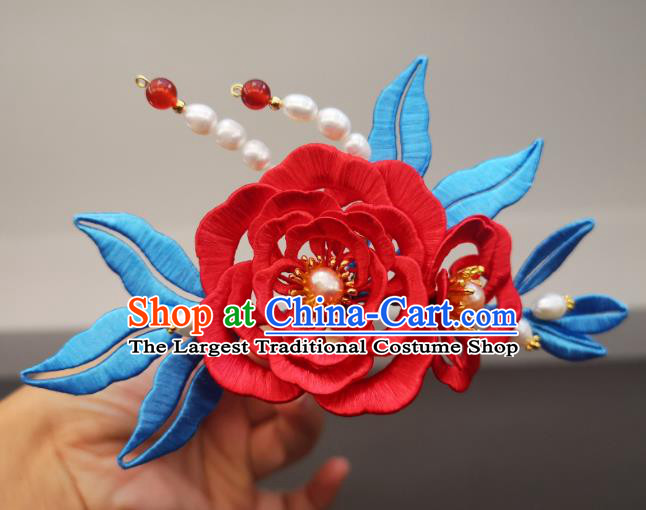 China Ming Dynasty Pearls Hair Stick Ancient Princess Red Silk Peony Hairpin Traditional Hanfu Hair Accessories