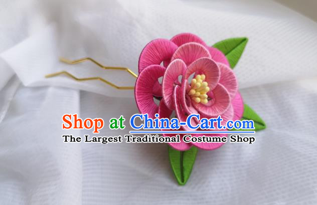 China Ming Dynasty Rosy Silk Peony Hair Stick Traditional Hanfu Hair Accessories Ancient Princess Hairpin