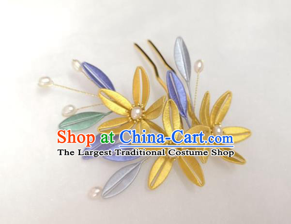 China Ancient Princess Pearls Hair Comb Ming Dynasty Yellow Silk Flowers Hairpin Traditional Hanfu Hair Accessories