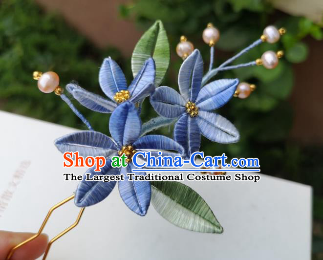 China Ancient Hanfu Blue Silk Flowers Hairpin Traditional Ming Dynasty Pearls Hair Clip
