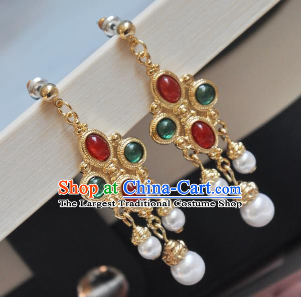 Chinese Classical Cheongsam Gems Ear Accessories Traditional Court Golden Earrings