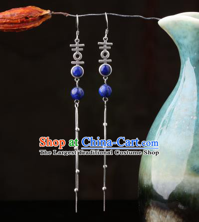 Chinese Classical Wedding Ear Accessories Traditional Cheongsam Silver Tassel Lapis Earrings