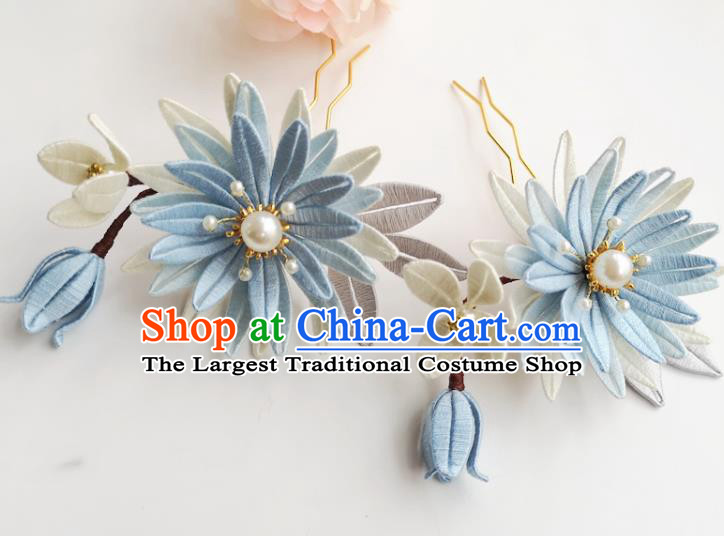 China Ancient Palace Lady Hairpin Traditional Ming Dynasty Blue Silk Epiphyllum Hair Clip