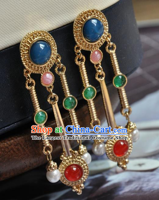 Chinese Traditional Qing Dynasty Gems Earrings Classical Cheongsam Ear Accessories