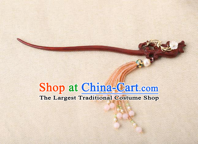 China Classical Rosewood Phoenix Hair Stick Traditional Cheongsam Hair Accessories Handmade Pink Beads Tassel Hairpin