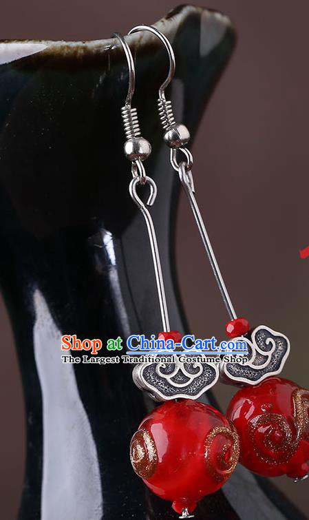 Chinese Classical Silver Cloud Ear Accessories Traditional Cheongsam Red Bead Earrings