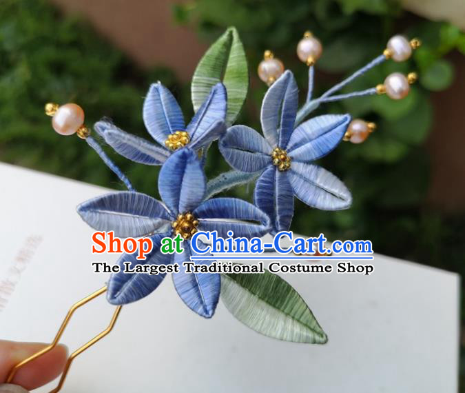 China Traditional Hanfu Pearls Hair Stick Accessories Ancient Song Dynasty Blue Silk Flowers Hairpin