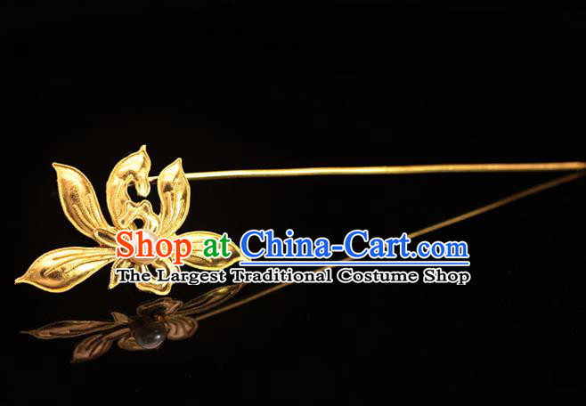 China Ming Dynasty Court Hairpin Traditional Hair Accessories Ancient Empress Golden Orchids Hair Stick