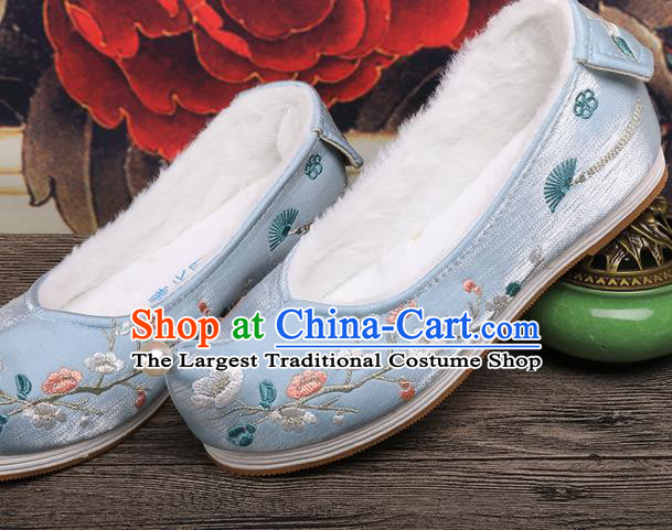 Chinese Ancient Princess Shoes Handmade Embroidered Plum Blossom Blue Shoes Traditional Hanfu Winter Shoes