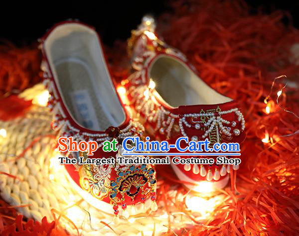 Chinese Traditional Hanfu Blueing Peacock Shoes Ancient Wedding Shoes Embroidered Red Shoes