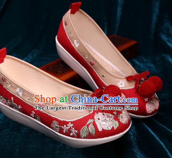 Chinese Traditional Hanfu Shoes Ancient Tang Dynasty Shoes Handmade Embroidered Red Brocade Shoes