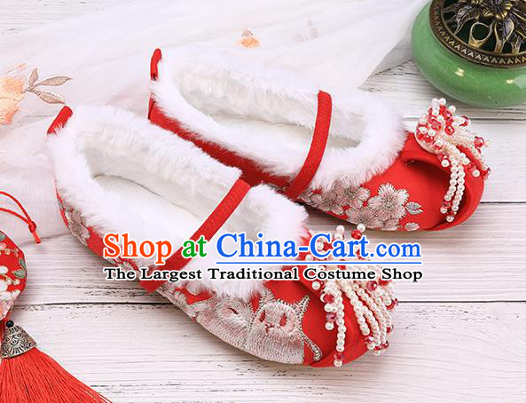 China Traditional Embroidered Shoes Classical Hanfu Red Shoes National Winter Shoes for Kids