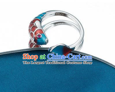 China Ancient Princess Cloisonne Fish Circlet Traditional Court Silver Ring