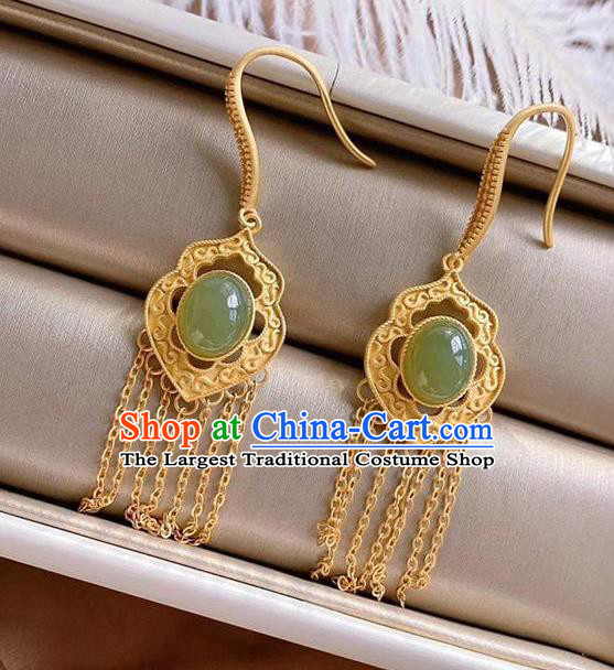 China Traditional Cheongsam Jade Ear Accessories National Golden Tassel Earrings