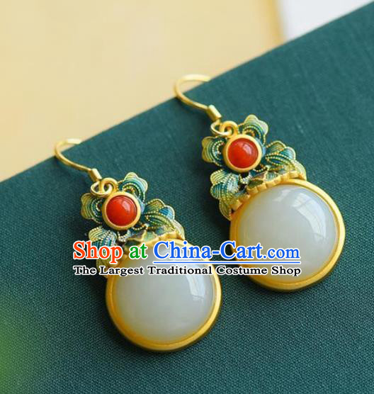 China Traditional Cheongsam Enamel Ear Accessories National White Jade Earrings