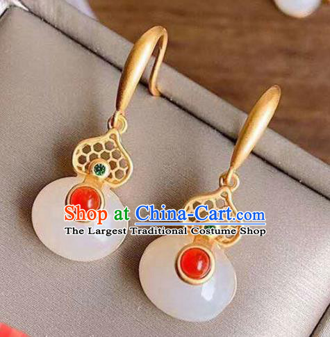 China Traditional Qing Dynasty White Jade Gourd Ear Jewelry Accessories National Cheongsam Golden Earrings
