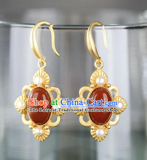 China Traditional Pearls Golden Ear Jewelry Accessories National Cheongsam Agate Earrings