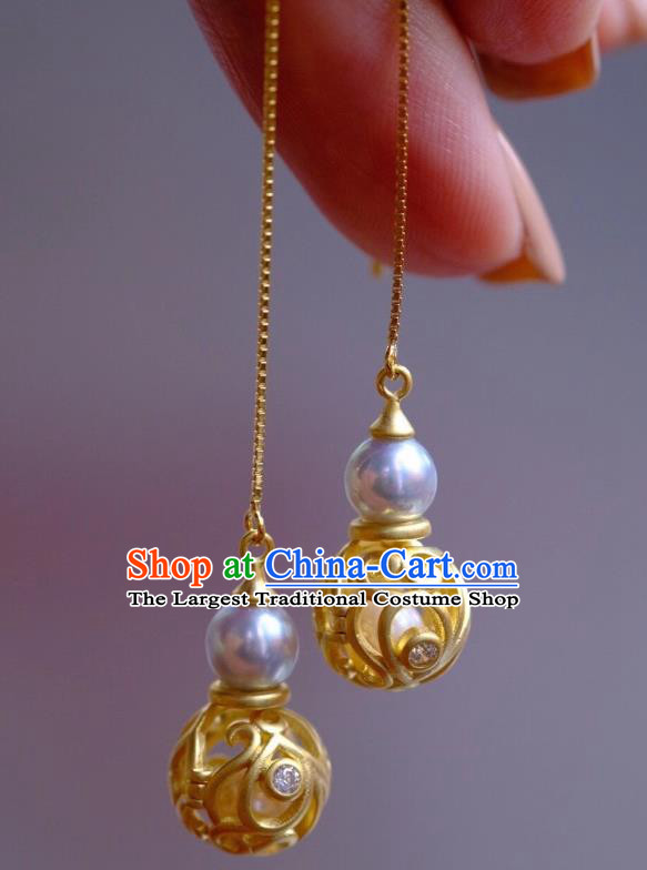 China Traditional Golden Gourd Ear Jewelry Accessories Classical Cheongsam Pearl Long Earrings