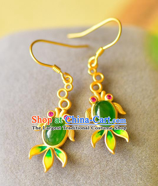China Traditional Enamel Jade Ear Jewelry Accessories Classical Cheongsam Golden Fish Earrings