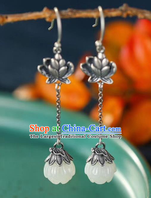 China Traditional Silver Ear Jewelry Accessories Classical Cheongsam Jade Lotus Earrings
