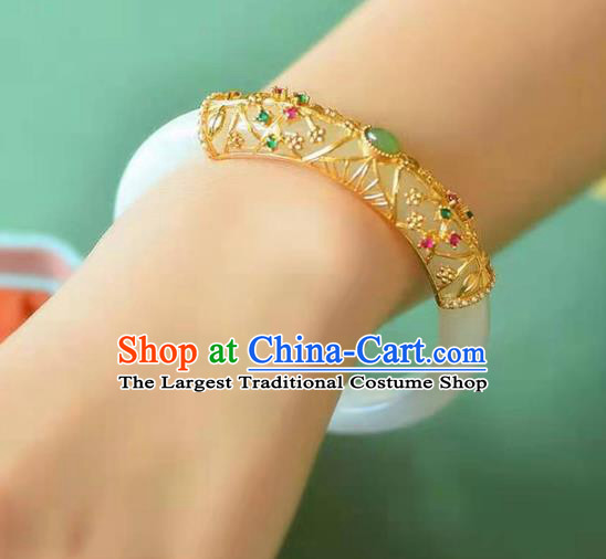 China Handmade Emerald Bracelet Traditional Jewelry Accessories National White Jade Bangle