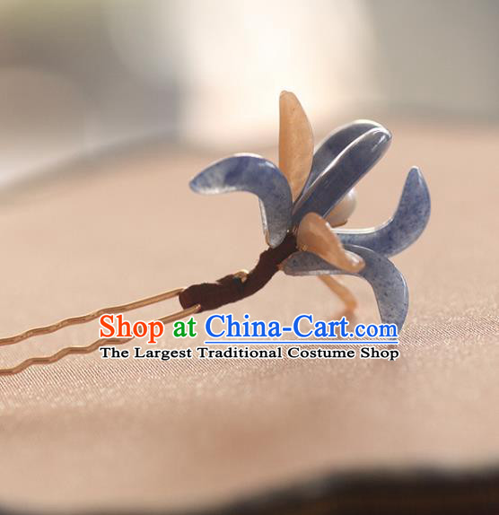 China Ancient Princess Hair Stick Handmade Hair Accessories Traditional Song Dynasty Blue Jade Orchid Hairpin