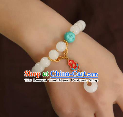 China Handmade White Jade Beads Bracelet Traditional Jewelry Accessories National Enamel Red Gourd Bangle