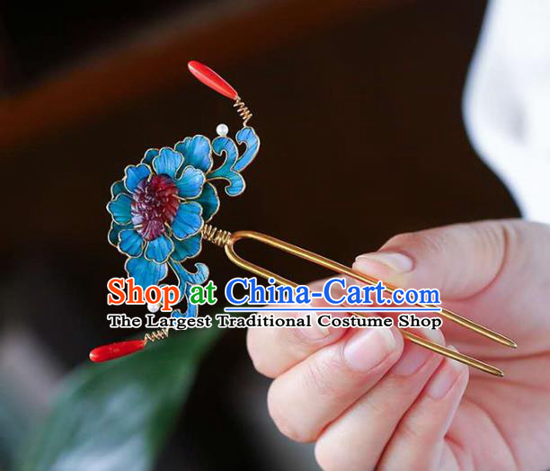 Chinese Traditional Hair Jewelry Handmade Qing Dynasty Empress Blueing Peony Hairpin