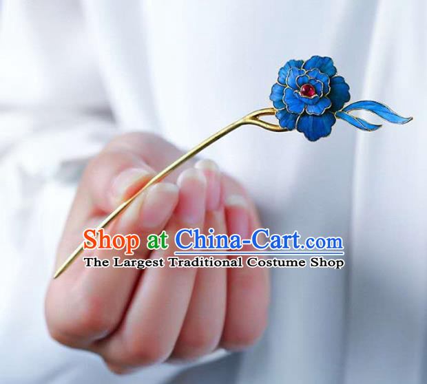 Chinese Traditional Qing Dynasty Tourmaline Hair Jewelry Handmade Ancient Empress Blue Peony Hairpin
