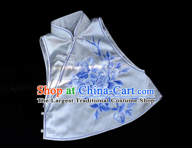 Chinese Embroidered Peony Vest Upper Outer Garment Traditional White Silk Waistcoat Costume