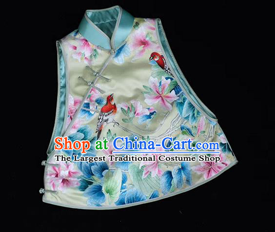 Chinese Embroidered Flowers Bird Vest Costume Traditional Upper Outer Garment Light Green Silk Waistcoat