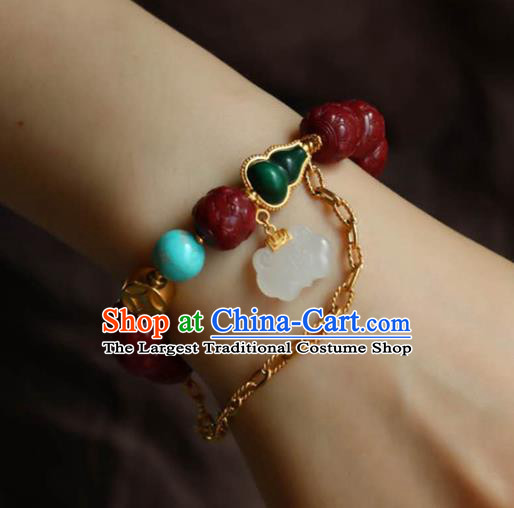 China Handmade Jade Lock Bracelet Traditional Jewelry Accessories National Vermilion Carving Lotus Bangle