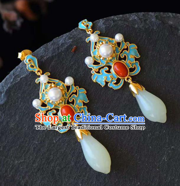 Handmade China Traditional Jewelry Cheongsam Pearls Eardrop Accessories National Jade Mangnolia Earrings