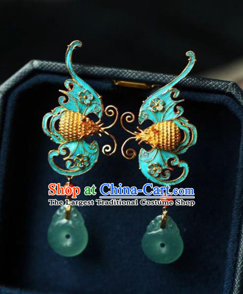 Handmade China Cheongsam Blue Bat Eardrop Accessories National Earrings Traditional Jade Jewelry