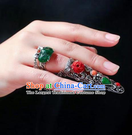 Chinese National Retro Silver Jewelry Traditional Handmade Accessories Jadeite Nail Wrap with Ring