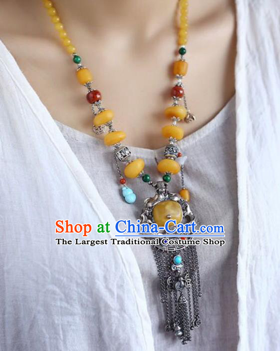 Chinese Classical Silver Carving Fish Necklet Pendant Handmade Beeswax Accessories National Tassel Necklace