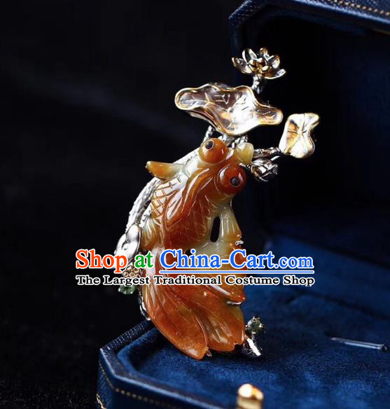 Chinese National Yellow Jade Goldfish Brooch Jewelry Traditional Handmade Silver Lotus Accessories
