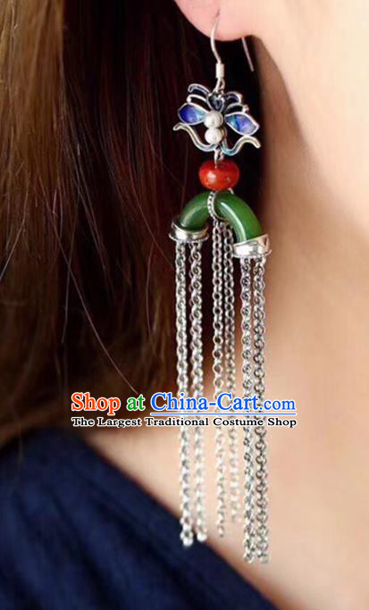Handmade China Blueing Silver Butterfly Eardrop Jewelry Traditional Cheongsam Accessories National Jade Tassel Earrings