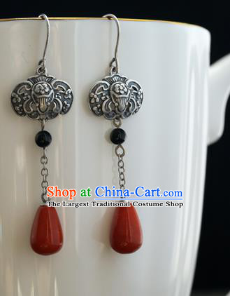 Handmade Chinese Silver Bat Eardrop Classical Cheongsam Earrings Accessories Traditional Agate Ear Jewelry