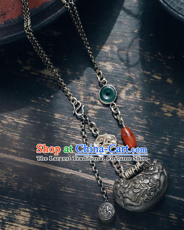 Chinese Classical Silver Carving Longevity Lock National Necklace Handmade Ethnic Necklet Accessories