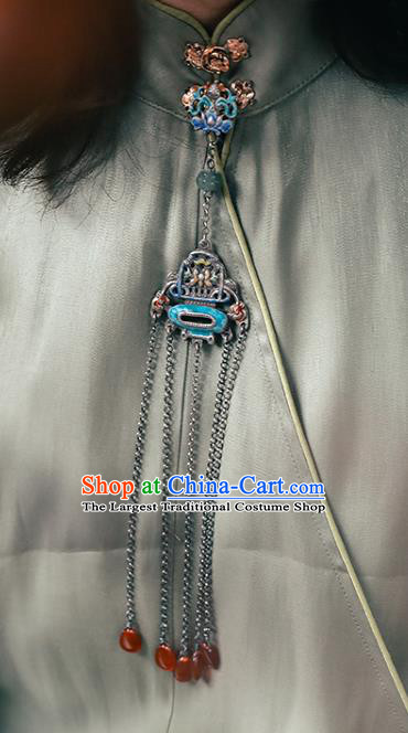 Chinese Handmade Ethnic Agate Tassel Necklet Accessories Classical Longevity Lock National Silver Necklace