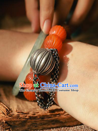China Classical Agate Beads Wristlet Chain Bangle Jewelry Traditional Silver Pumpkin Bracelet Accessories